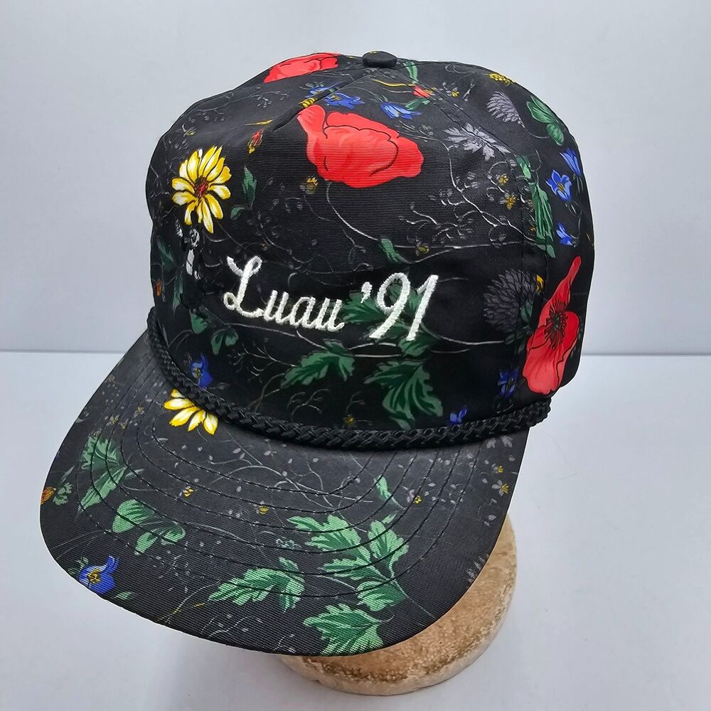 San Sun Vintage Hawaiian Theme Luau ‘91 Black Floral Rope Snapback Hat One Size